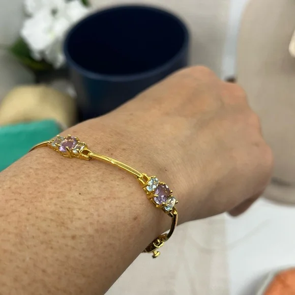 Vintage Gold-Over-Sterling Purple Gemstone Bracelet - 7” Stamped OBJ 925 - Picture 1 of 17